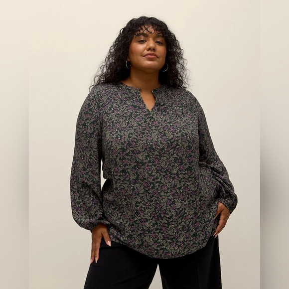 Penningtons Green Purple Floral Long Sleeve Top Blouse Size 1X New Office Flowy - Picture 1 of 10